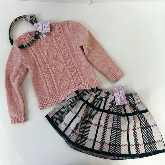 Tommy Bahama Toddler Girl 3 Piece Set- Chenille Sweater, Plaid Skirt & Headband - Picture 4 of 10
